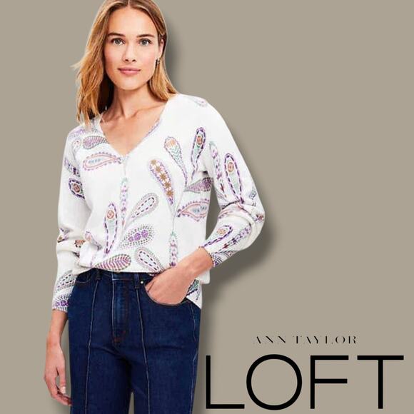 Ann Taylor LOFT Women’s Paisley Print V-Neck Sweater XL Cotton Blend - Picture 6 of 7